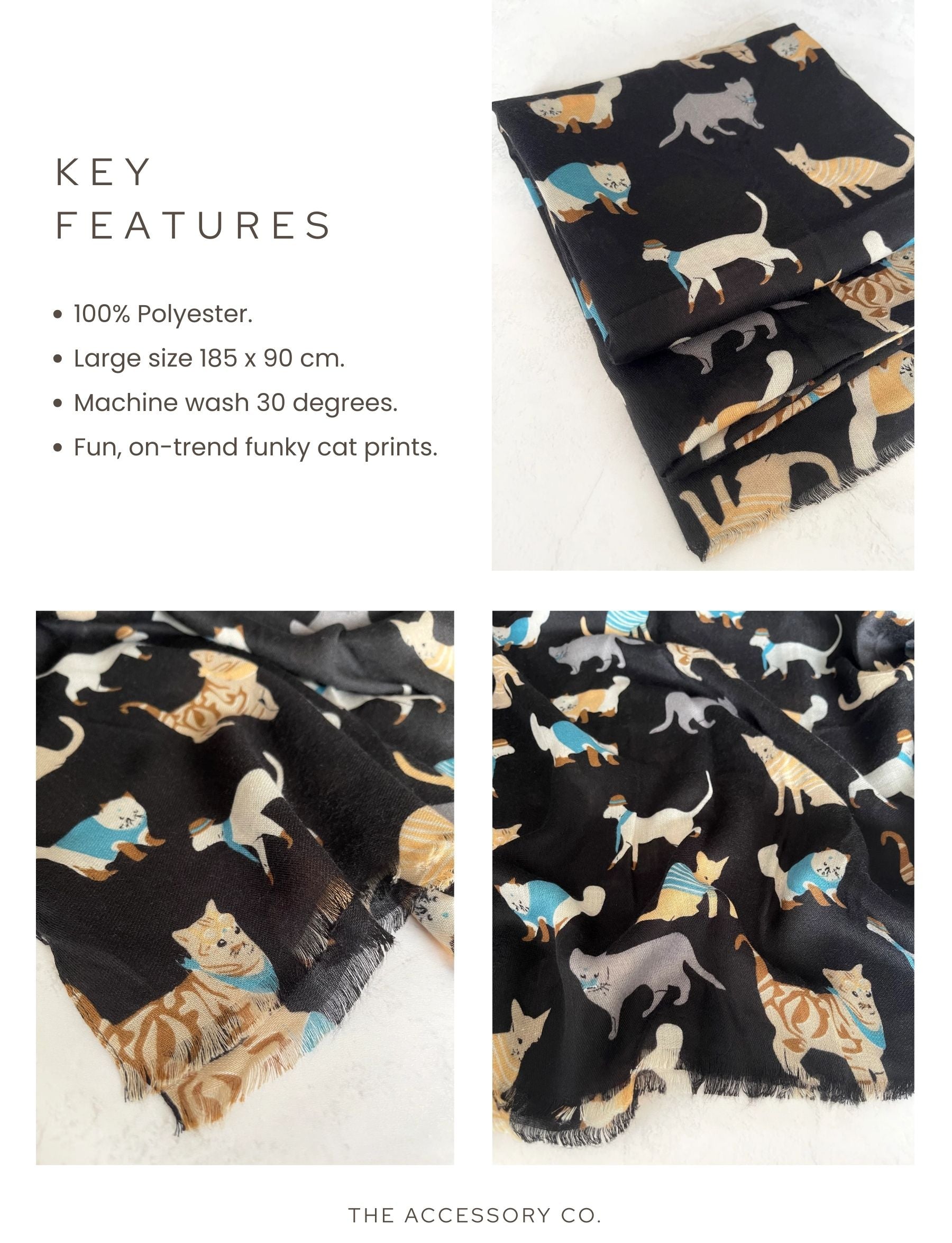 LIGHTWEIGHT BLACK SCARF WITH CATS - A-SHU.CO.UK