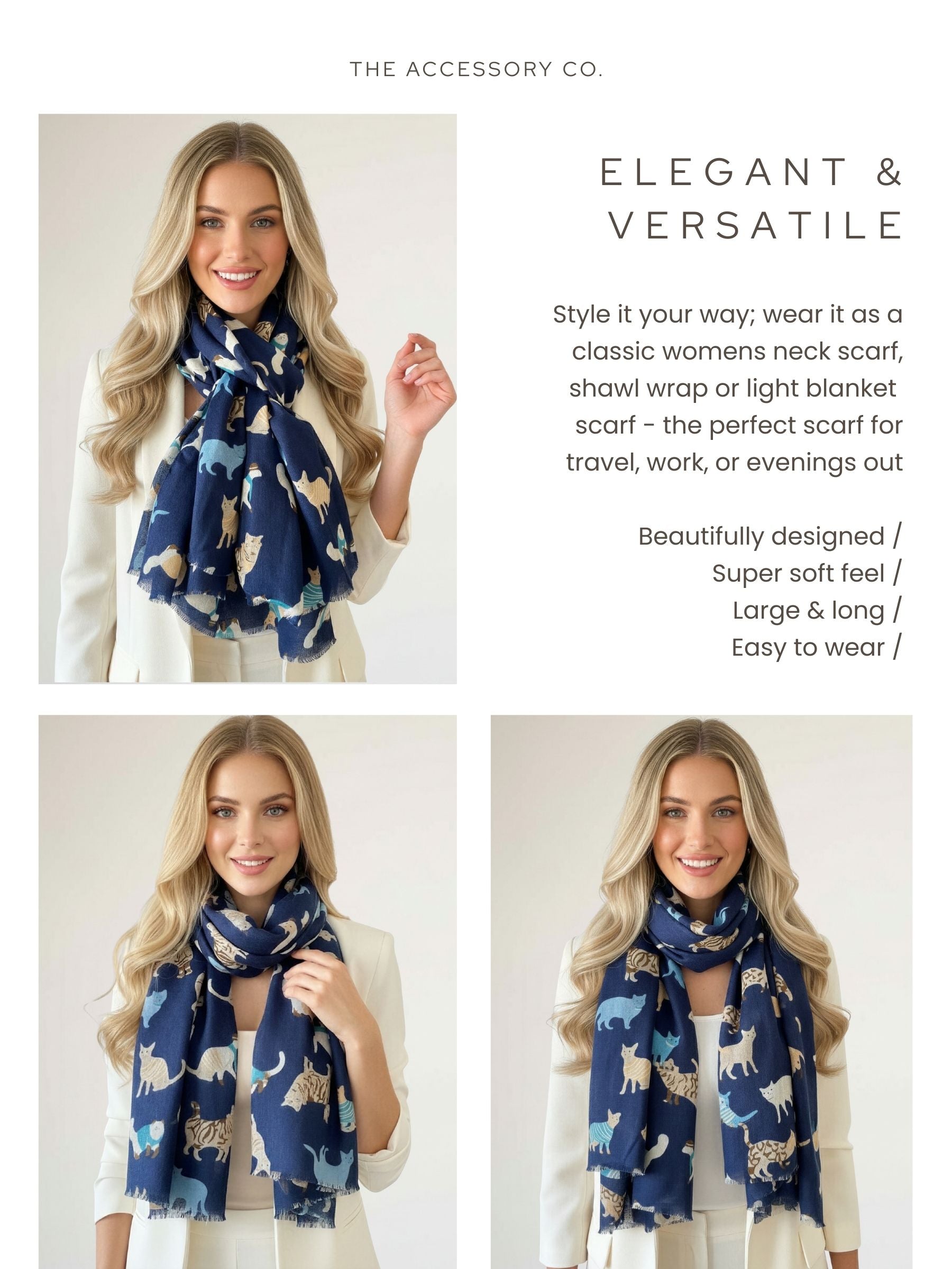 LIGHTWEIGHT BLUE SCARF WITH CATS - A-SHU.CO.UK