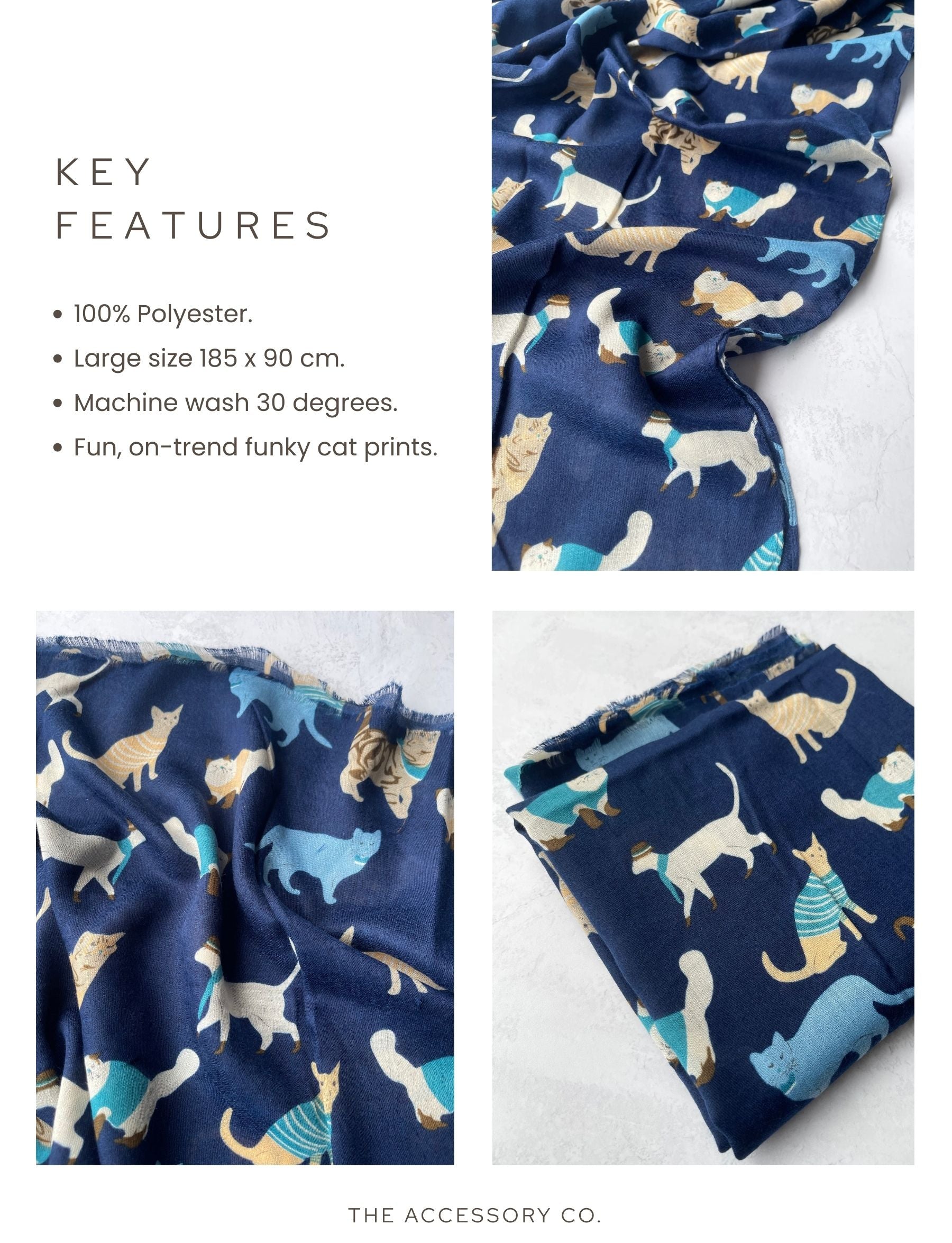 LIGHTWEIGHT BLUE SCARF WITH CATS - A-SHU.CO.UK