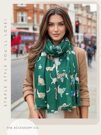 LIGHTWEIGHT GREEN SCARF WITH CATS - A-SHU.CO.UK