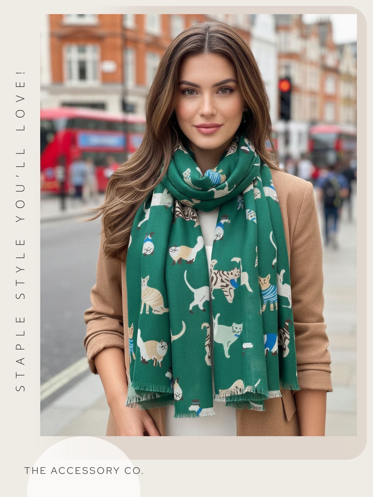 LIGHTWEIGHT GREEN SCARF WITH CATS - A-SHU.CO.UK
