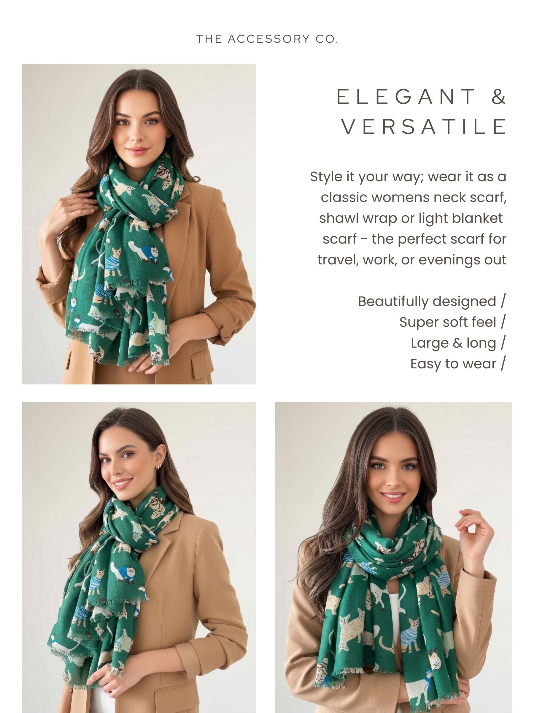 LIGHTWEIGHT GREEN SCARF WITH CATS - A-SHU.CO.UK