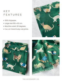 LIGHTWEIGHT GREEN SCARF WITH CATS - A-SHU.CO.UK