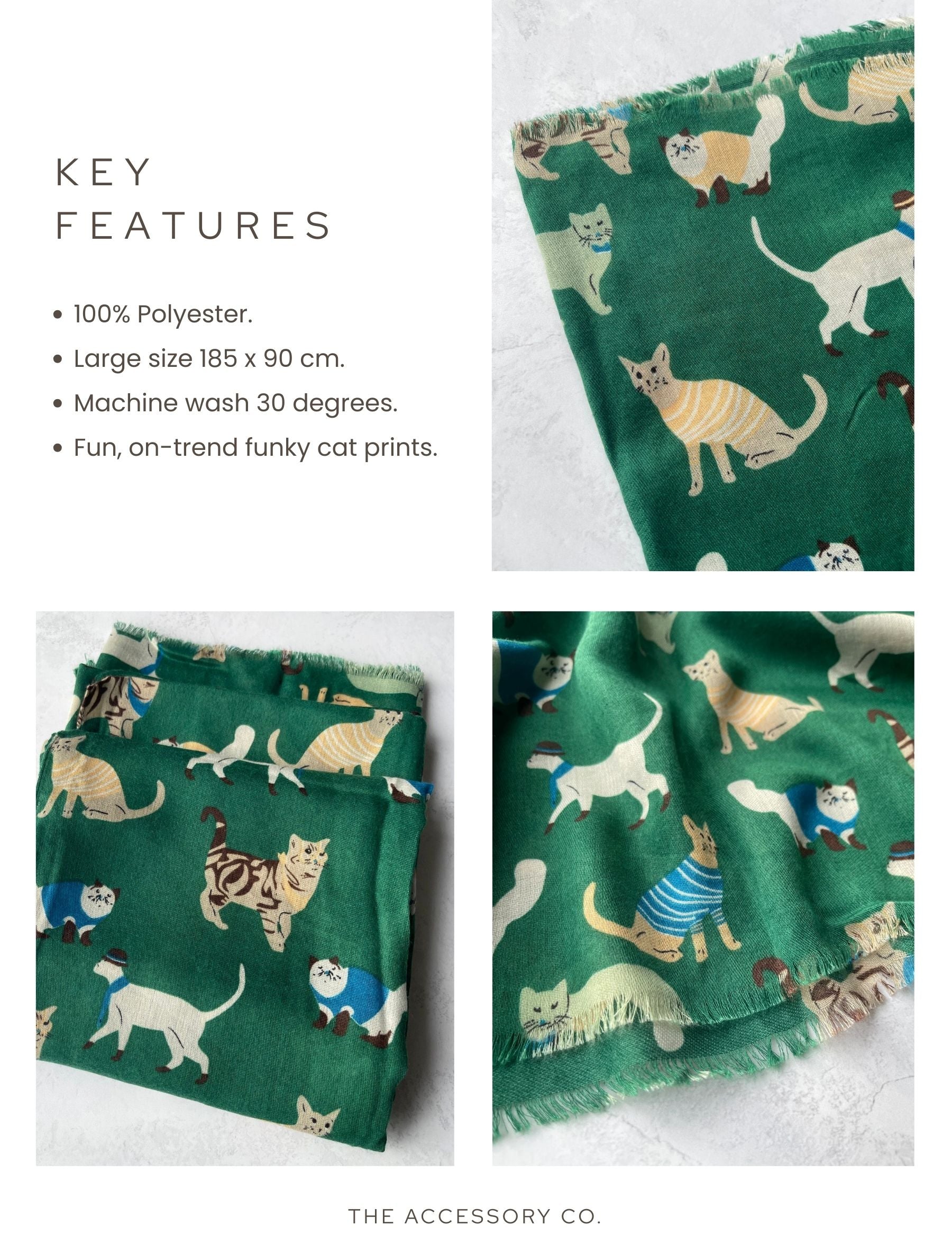 LIGHTWEIGHT GREEN SCARF WITH CATS - A-SHU.CO.UK