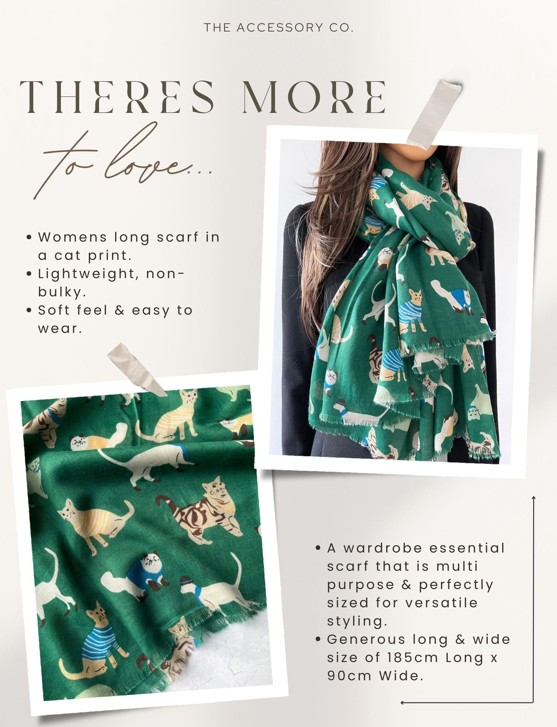 LIGHTWEIGHT GREEN SCARF WITH CATS - A-SHU.CO.UK