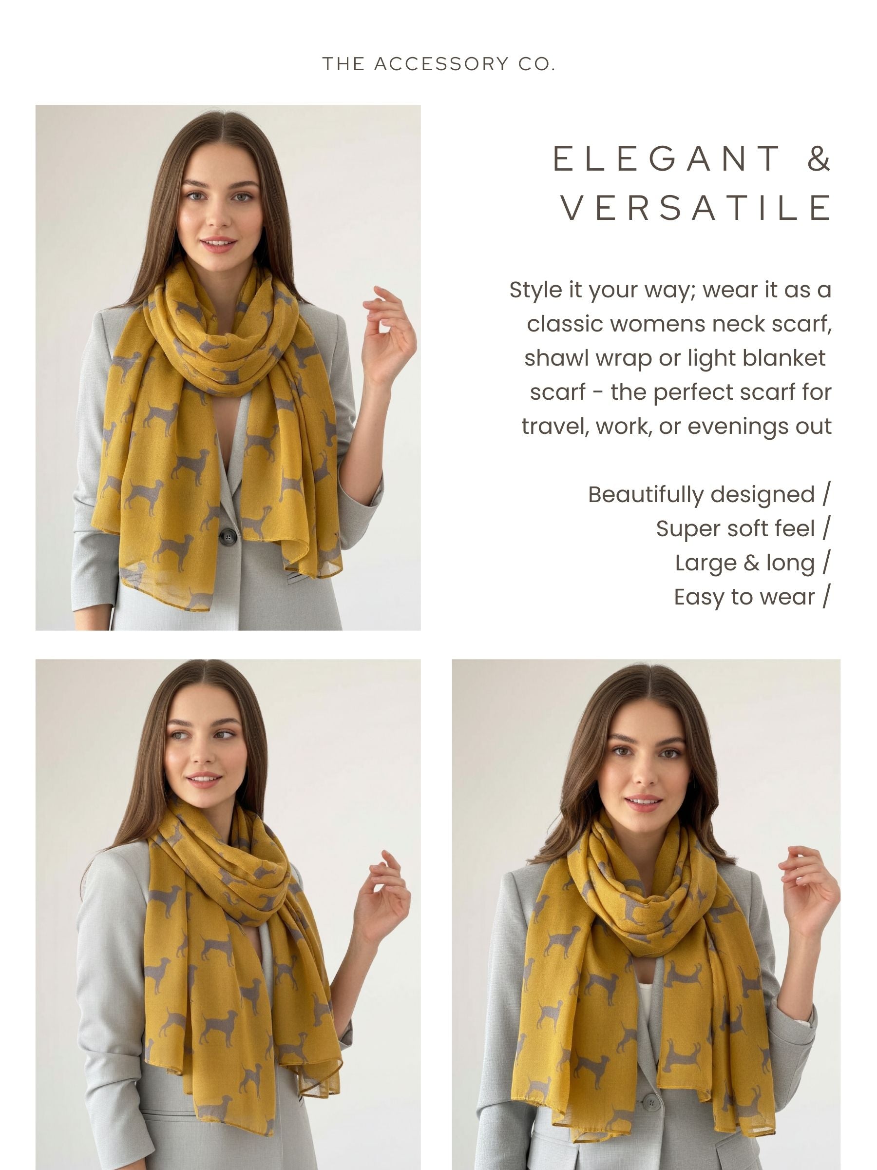 LIGHTWEIGHT MUSTARD YELLOW DOG PRINT SHEER NECK SCARF - A-SHU.CO.UK
