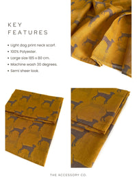 LIGHTWEIGHT MUSTARD YELLOW DOG PRINT SHEER NECK SCARF - A-SHU.CO.UK