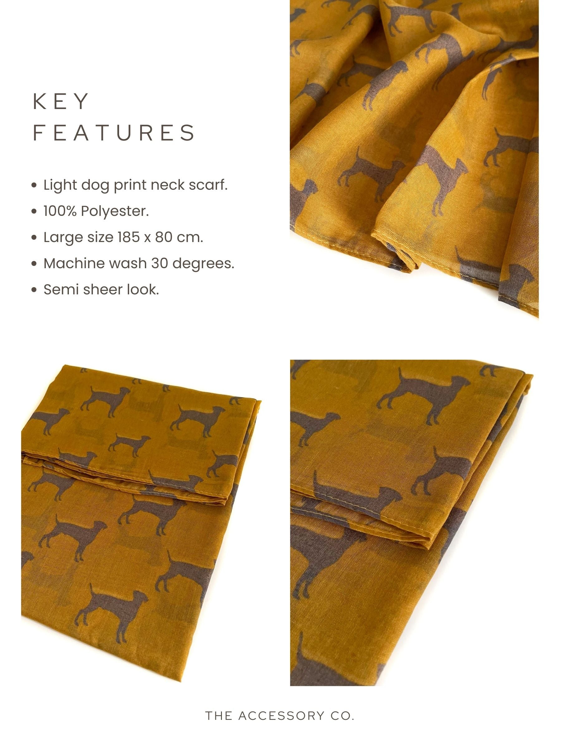 LIGHTWEIGHT MUSTARD YELLOW DOG PRINT SHEER NECK SCARF - A-SHU.CO.UK