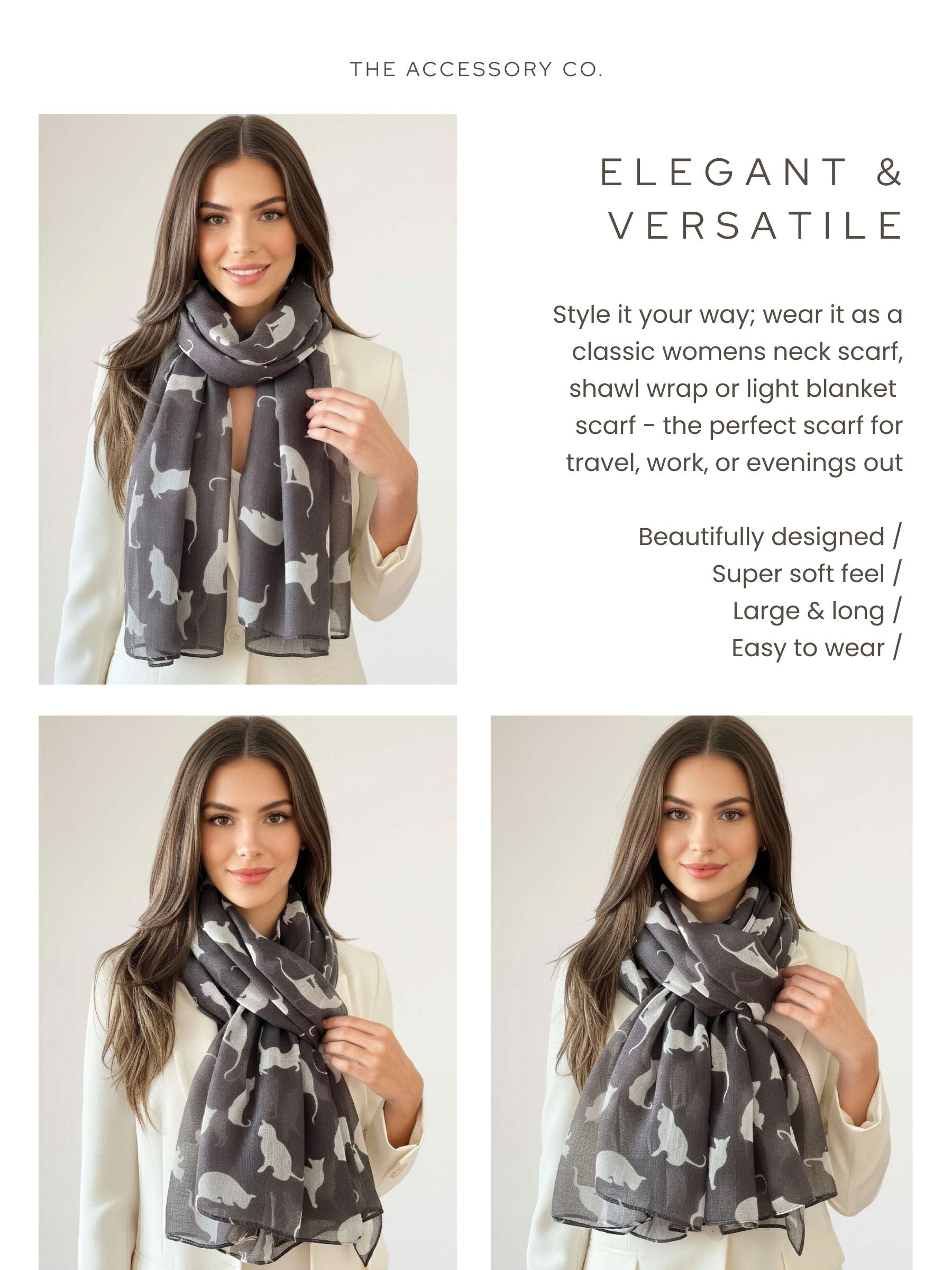 LIGHTWEIGHT PLAIN GREY AND WHITE CAT SCARF - A-SHU.CO.UK