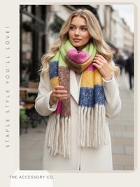 LIME STRIPED WOOL BLANKET SCARF OVERSIZED WINTER SHAWL WRAP