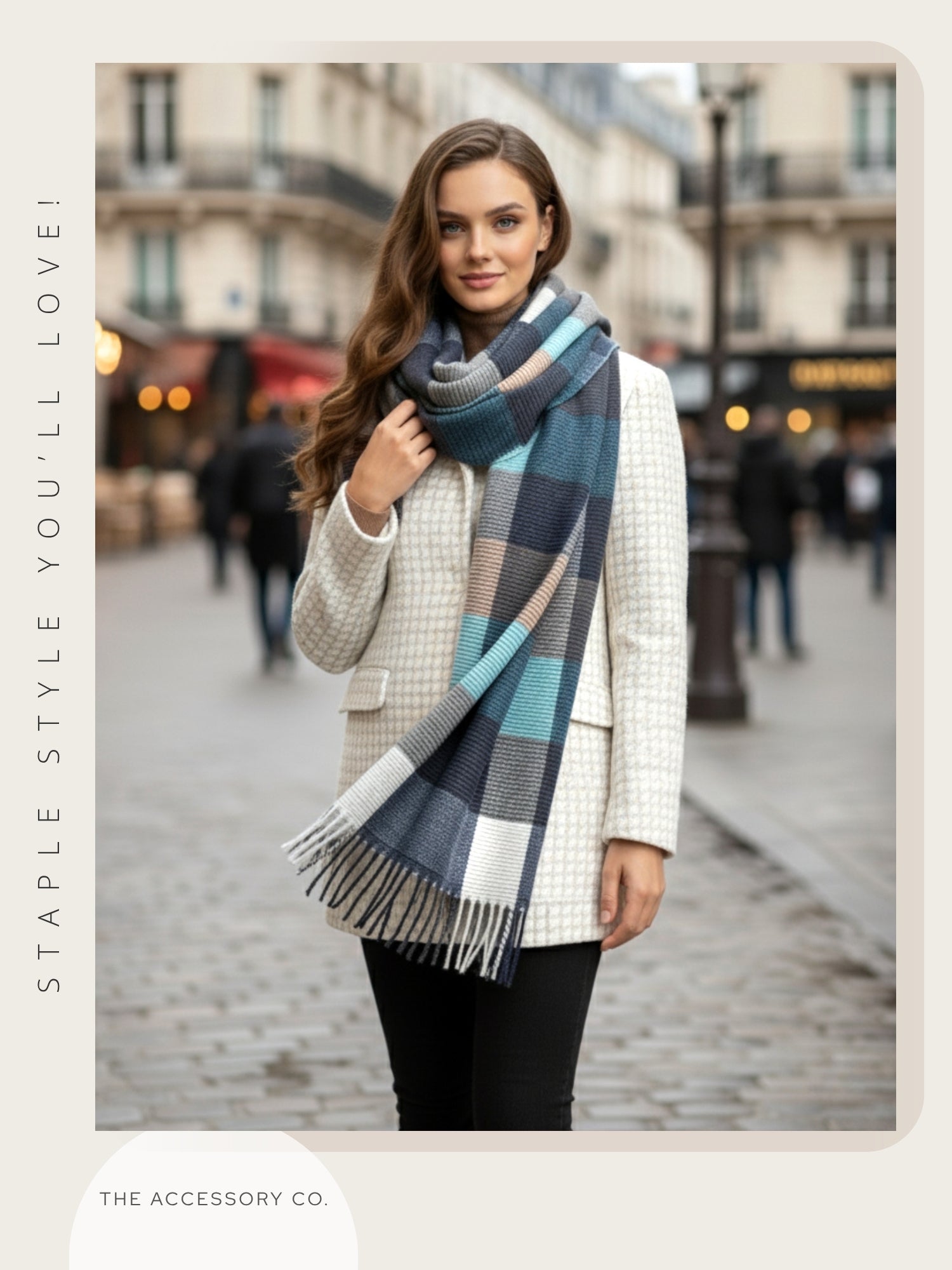 LONG BLUE CRINKLE COLOUR-BLOCK STRETCHY CHECK SCARF