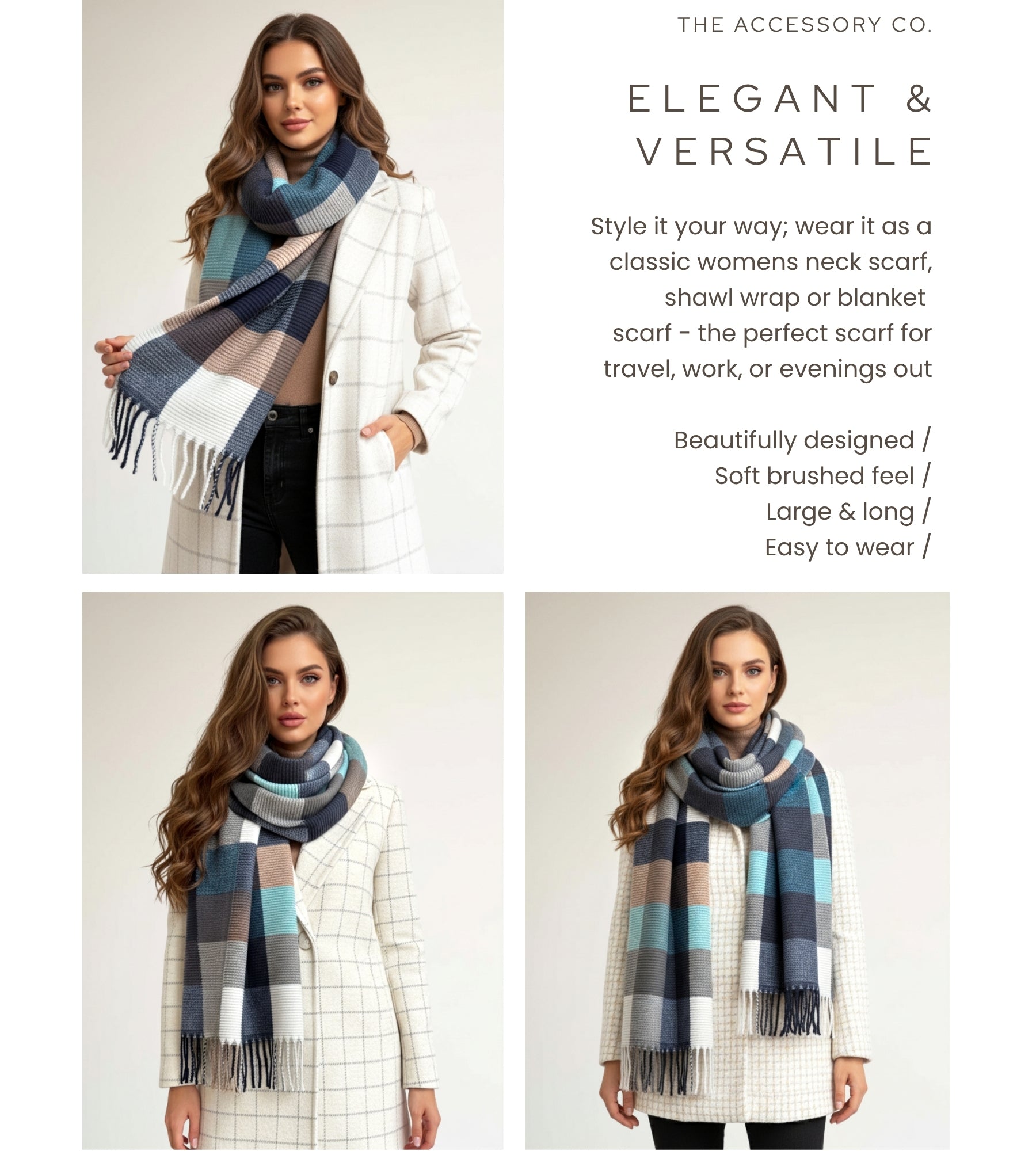 LONG BLUE CRINKLE COLOUR-BLOCK STRETCHY CHECK SCARF