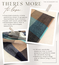 LONG BLUE CRINKLE COLOUR-BLOCK STRETCHY CHECK SCARF