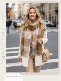 LONG CAMEL WOOL BLEND CHECKED TARTAN SCARF