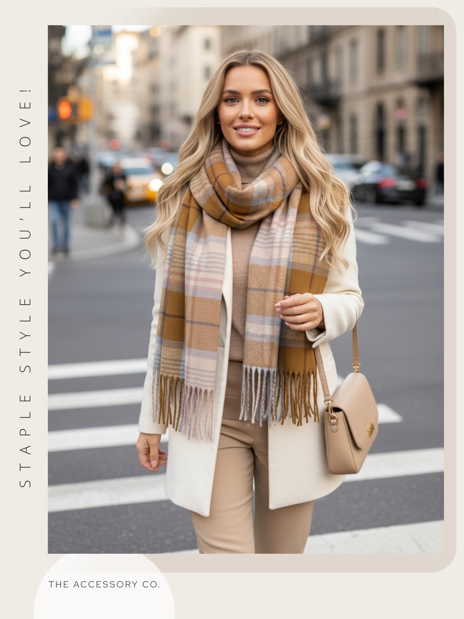 LONG CAMEL WOOL BLEND CHECKED TARTAN SCARF