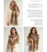 LONG CAMEL WOOL BLEND CHECKED TARTAN SCARF
