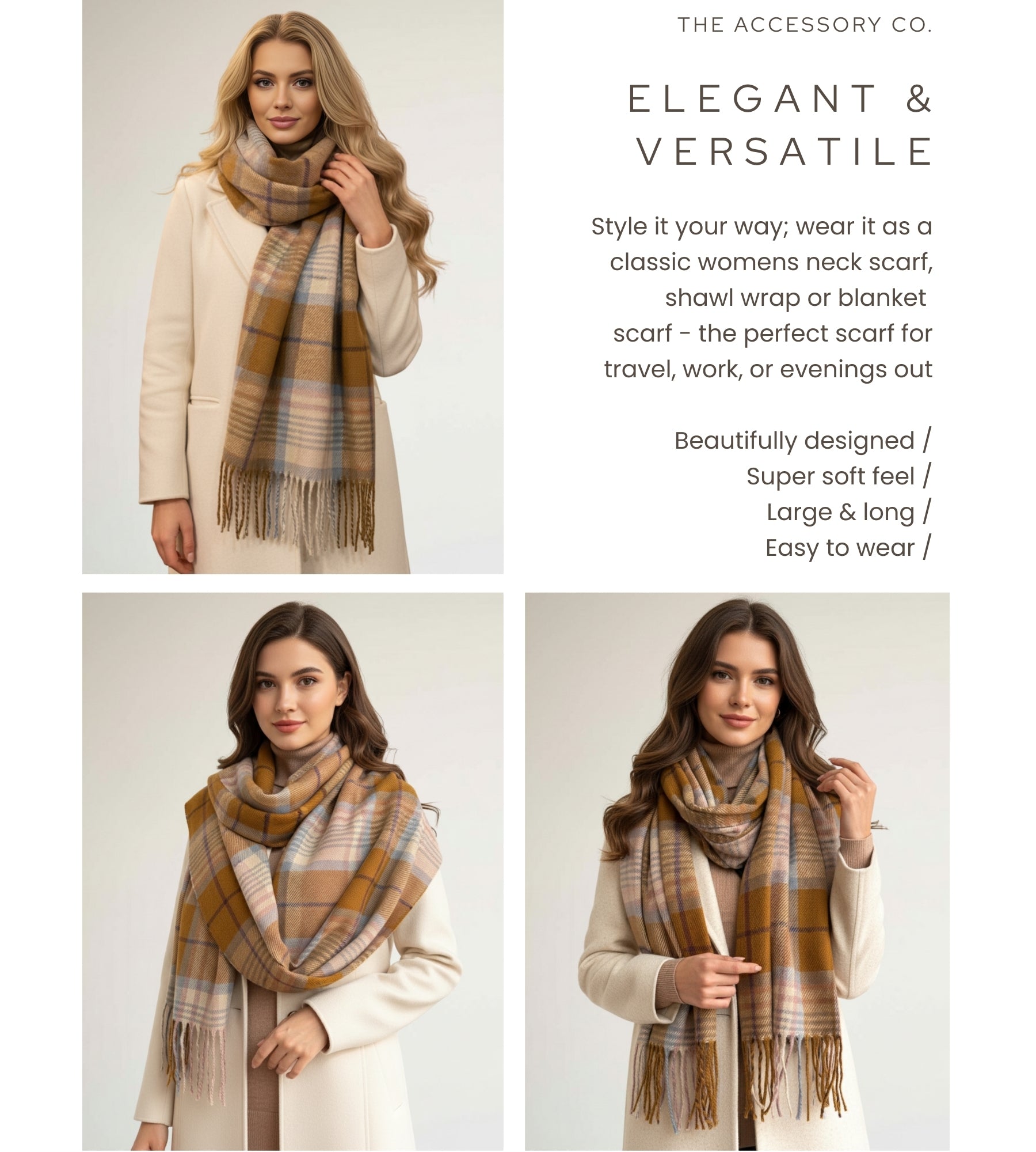 LONG CAMEL WOOL BLEND CHECKED TARTAN SCARF