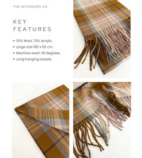 LONG CAMEL WOOL BLEND CHECKED TARTAN SCARF