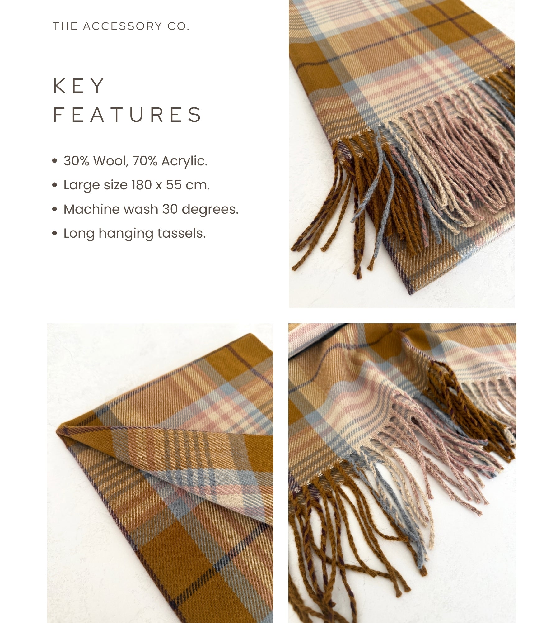 LONG CAMEL WOOL BLEND CHECKED TARTAN SCARF