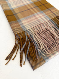 LONG CAMEL WOOL BLEND CHECKED TARTAN SCARF