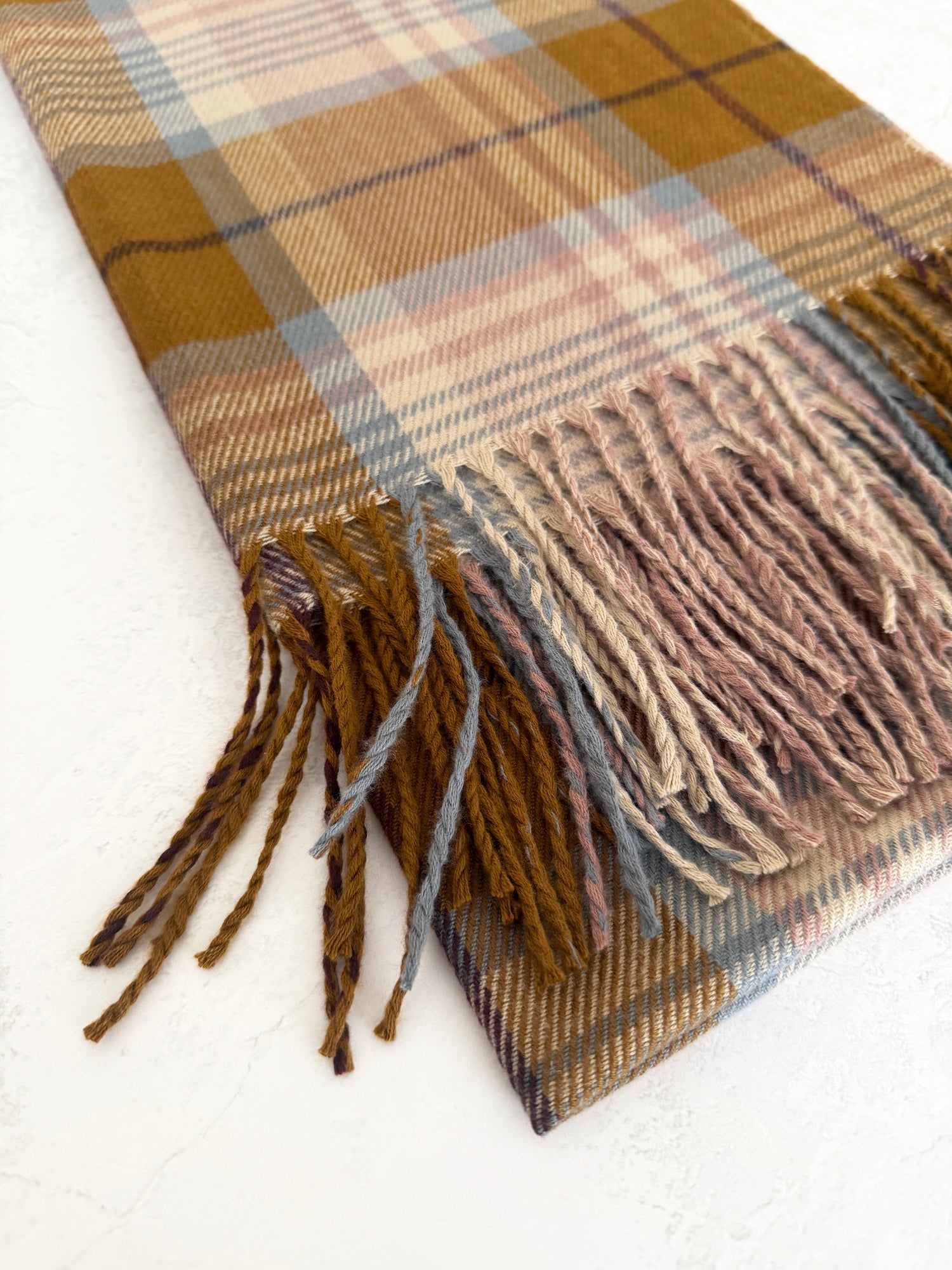 LONG CAMEL WOOL BLEND CHECKED TARTAN SCARF