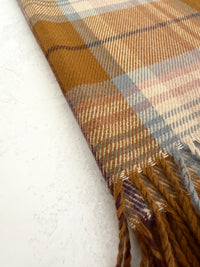 LONG CAMEL WOOL BLEND CHECKED TARTAN SCARF