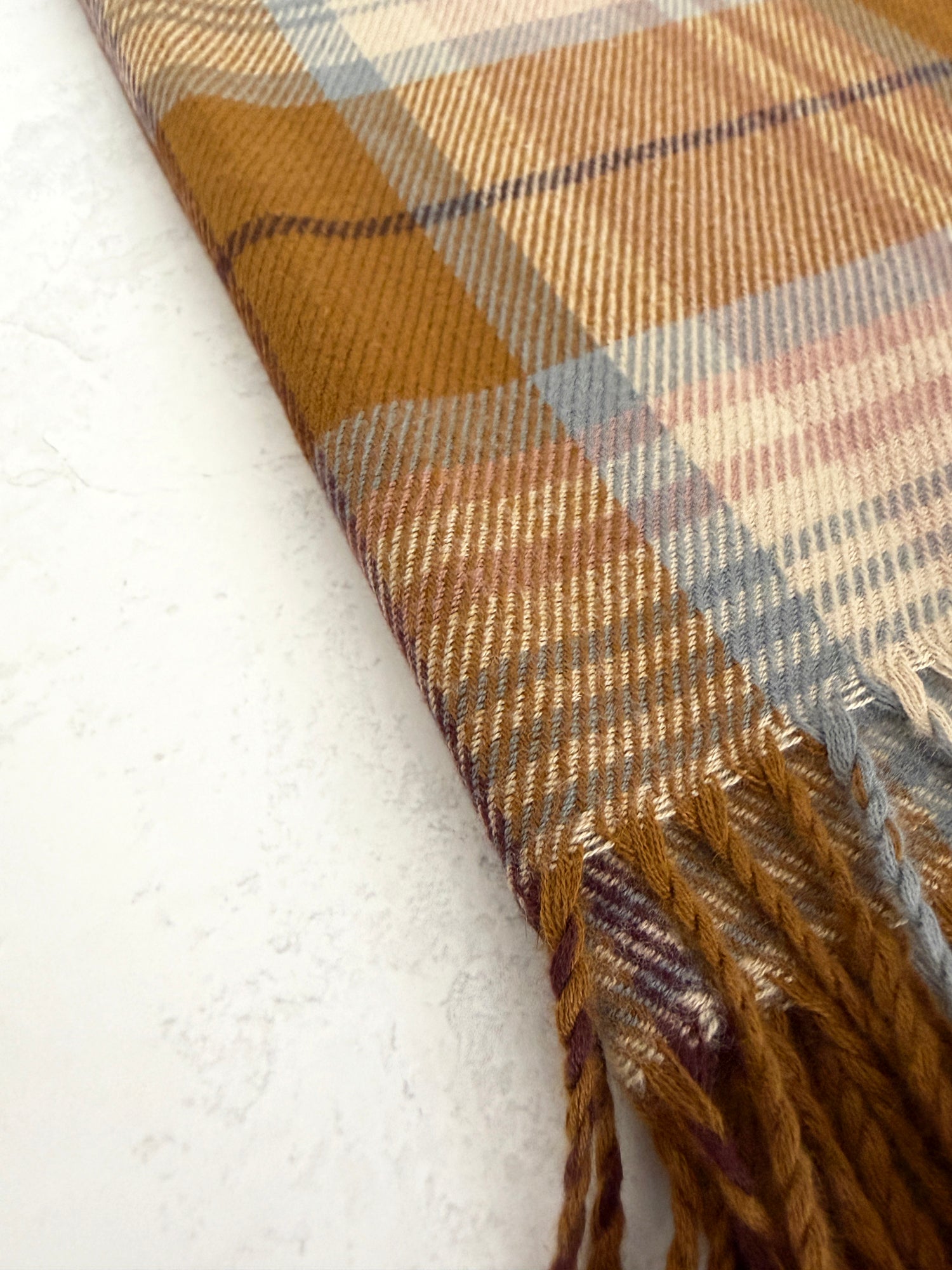 LONG CAMEL WOOL BLEND CHECKED TARTAN SCARF