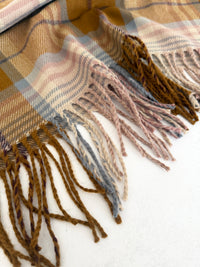 LONG CAMEL WOOL BLEND CHECKED TARTAN SCARF