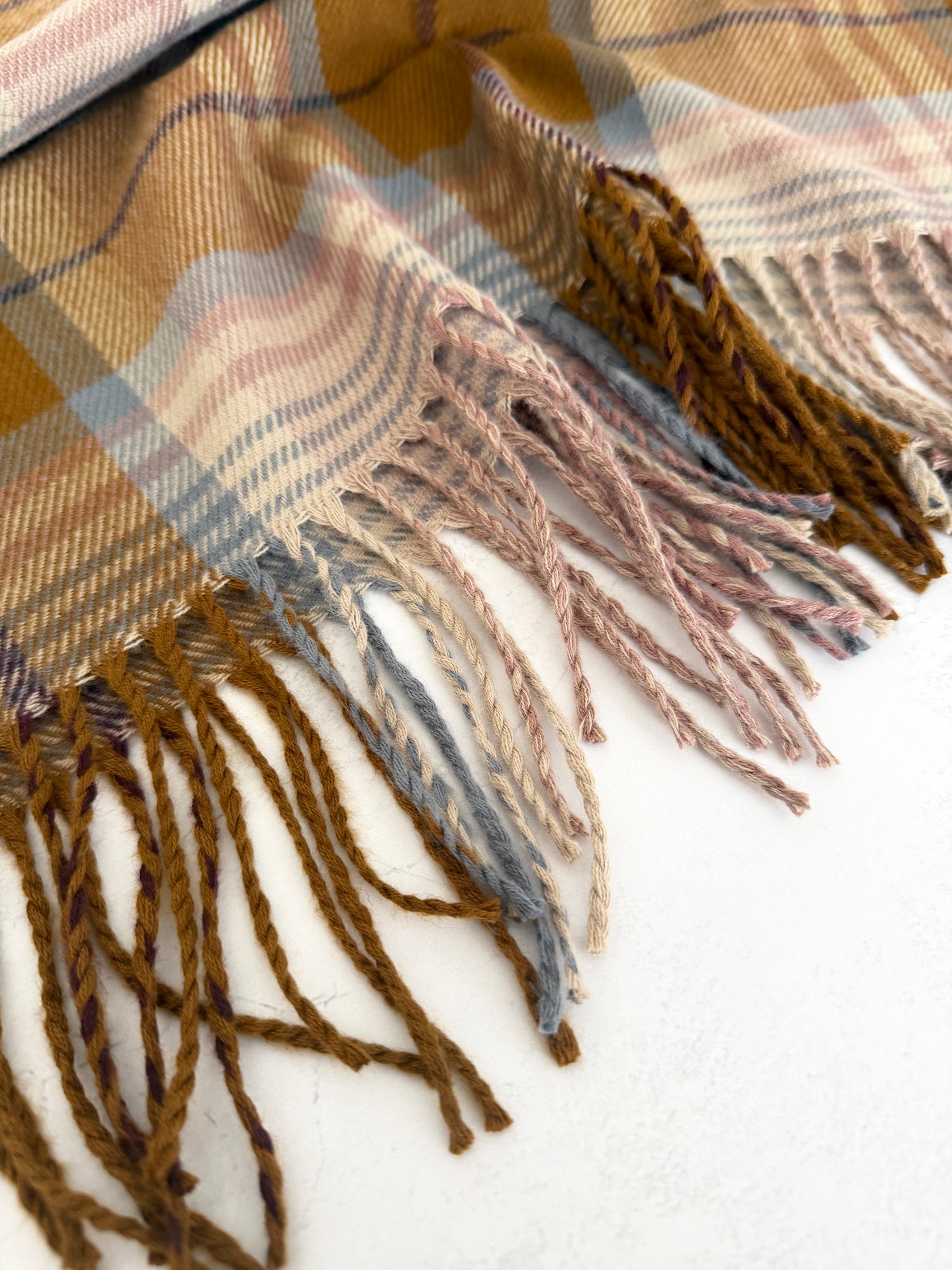 LONG CAMEL WOOL BLEND CHECKED TARTAN SCARF