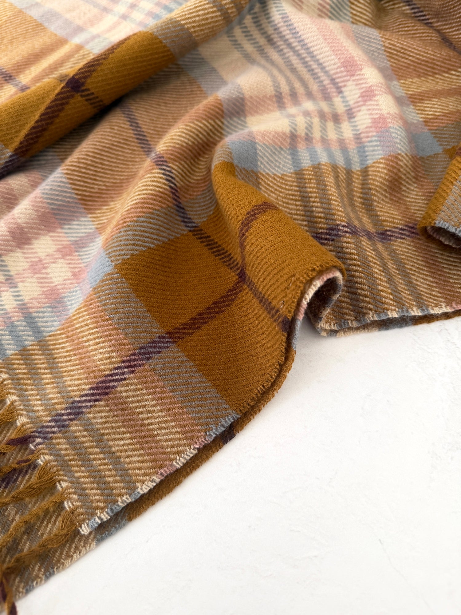 LONG CAMEL WOOL BLEND CHECKED TARTAN SCARF