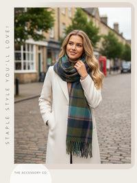 LONG GREEN WOOL BLEND CHECKED TARTAN SCARF