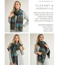 LONG GREEN WOOL BLEND CHECKED TARTAN SCARF