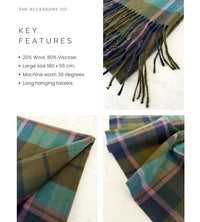LONG GREEN WOOL BLEND CHECKED TARTAN SCARF