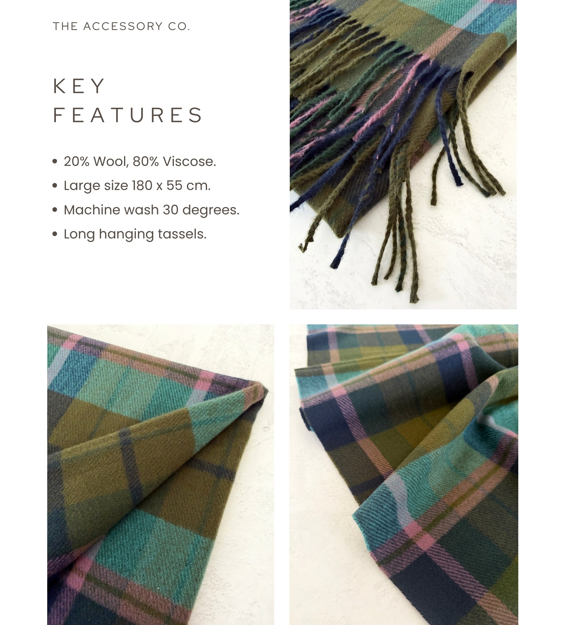 LONG GREEN WOOL BLEND CHECKED TARTAN SCARF