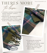 LONG GREEN WOOL BLEND CHECKED TARTAN SCARF