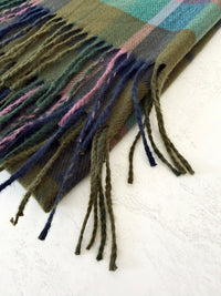 LONG GREEN WOOL BLEND CHECKED TARTAN SCARF