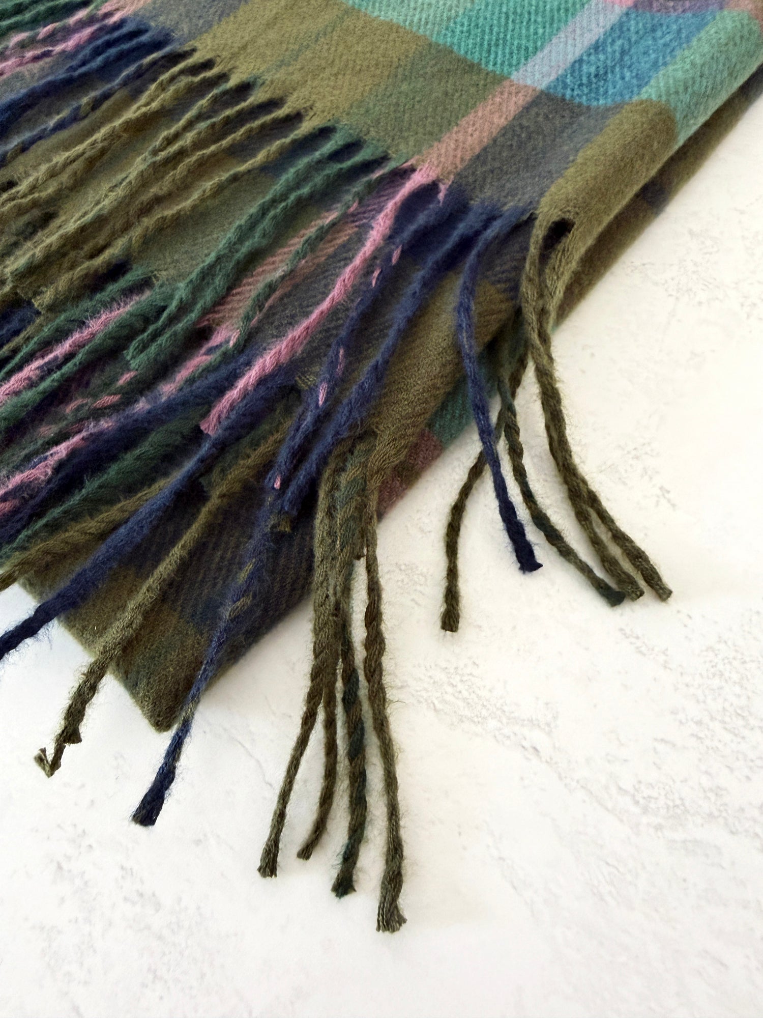 LONG GREEN WOOL BLEND CHECKED TARTAN SCARF