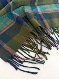 LONG GREEN WOOL BLEND CHECKED TARTAN SCARF