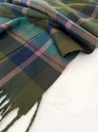 LONG GREEN WOOL BLEND CHECKED TARTAN SCARF