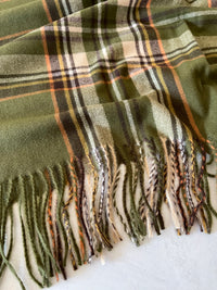 LONG GREEN WOOL MIX CHECKED TARTAN SCARF