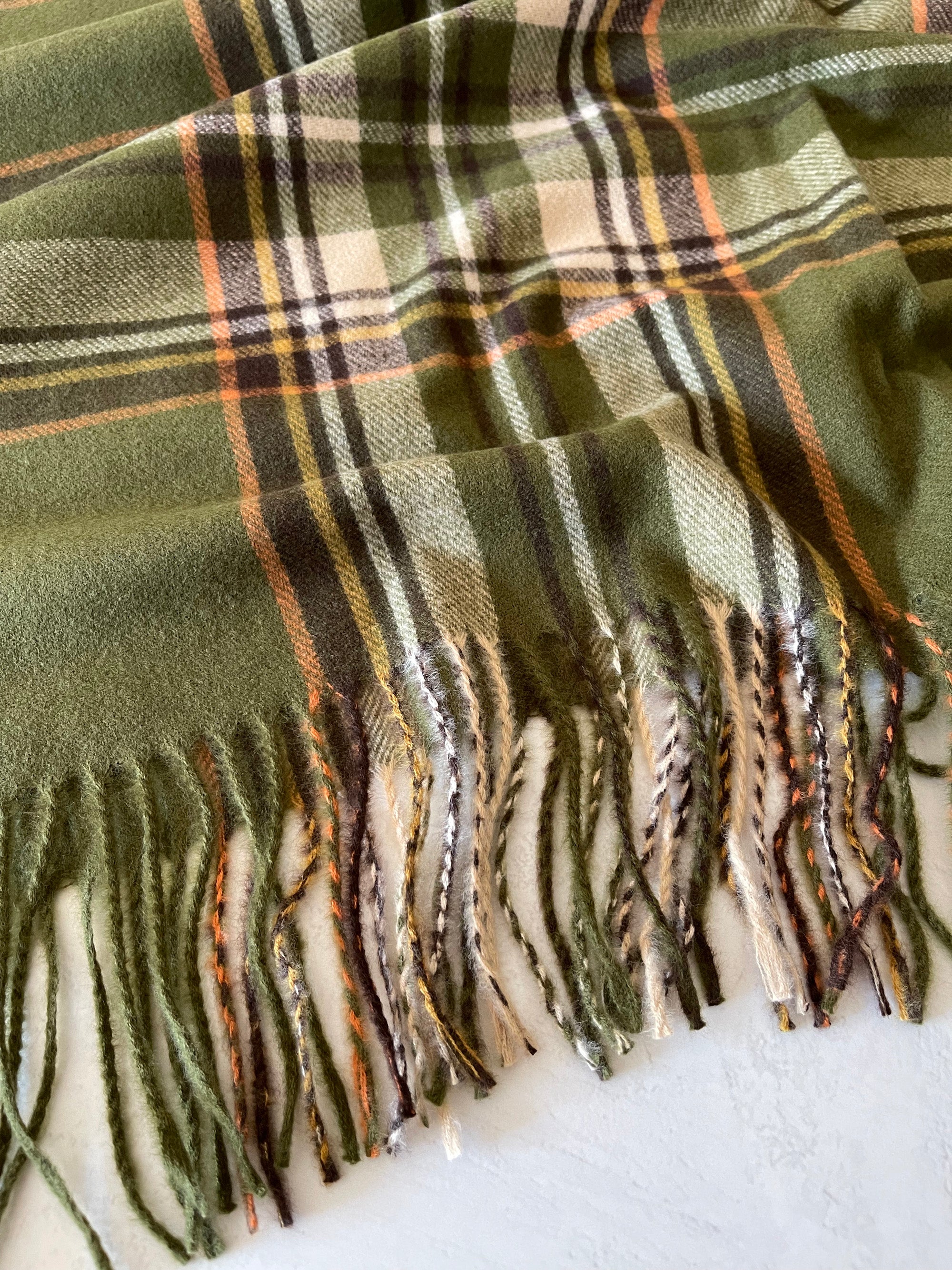 LONG GREEN WOOL MIX CHECKED TARTAN SCARF