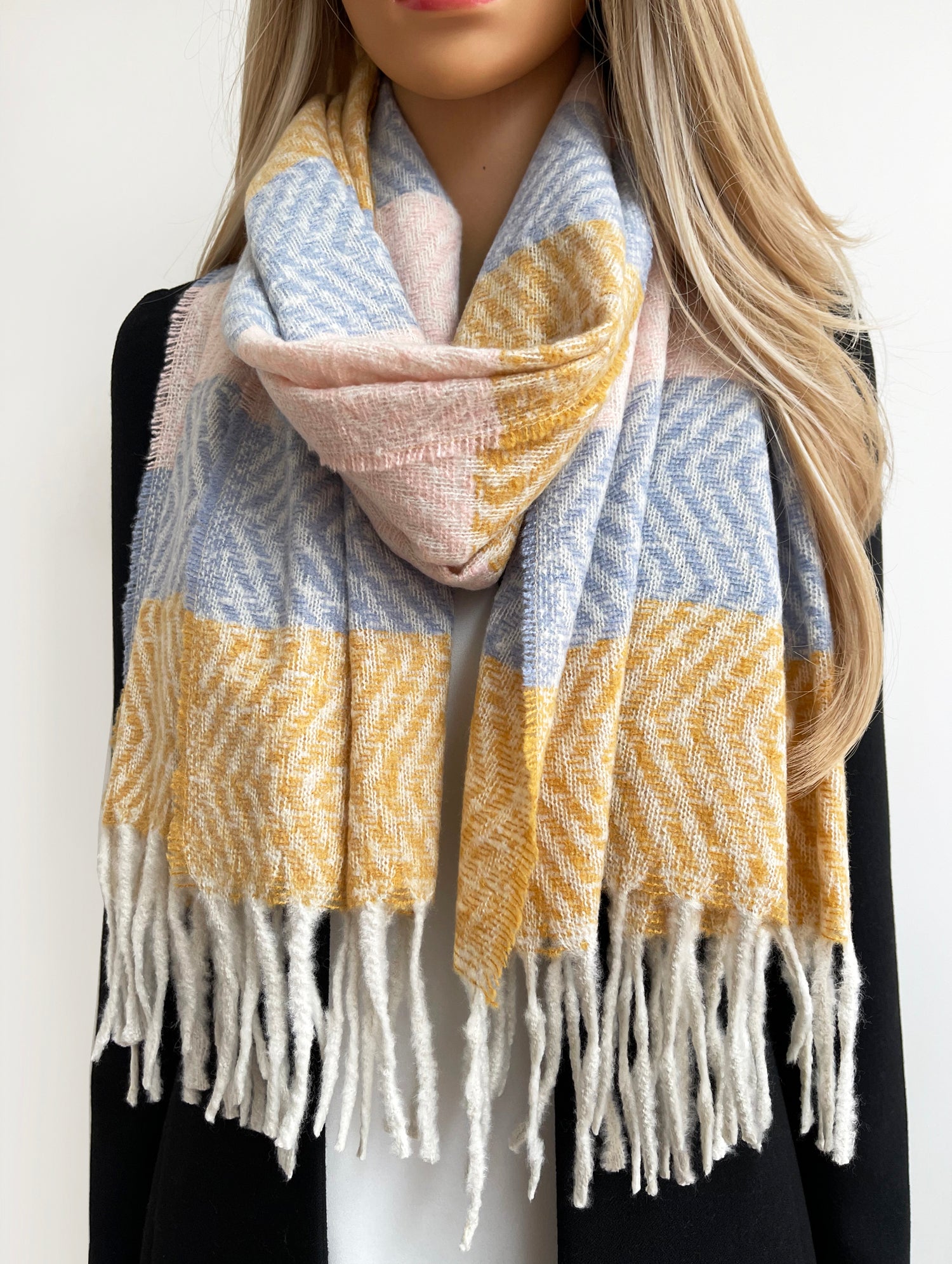 LONG PINK MUSTARD WOOL BLEND STRIPED SCARF