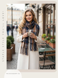 LONG NAVY BLUE WOOL BLEND CHECKED TARTAN SCARF