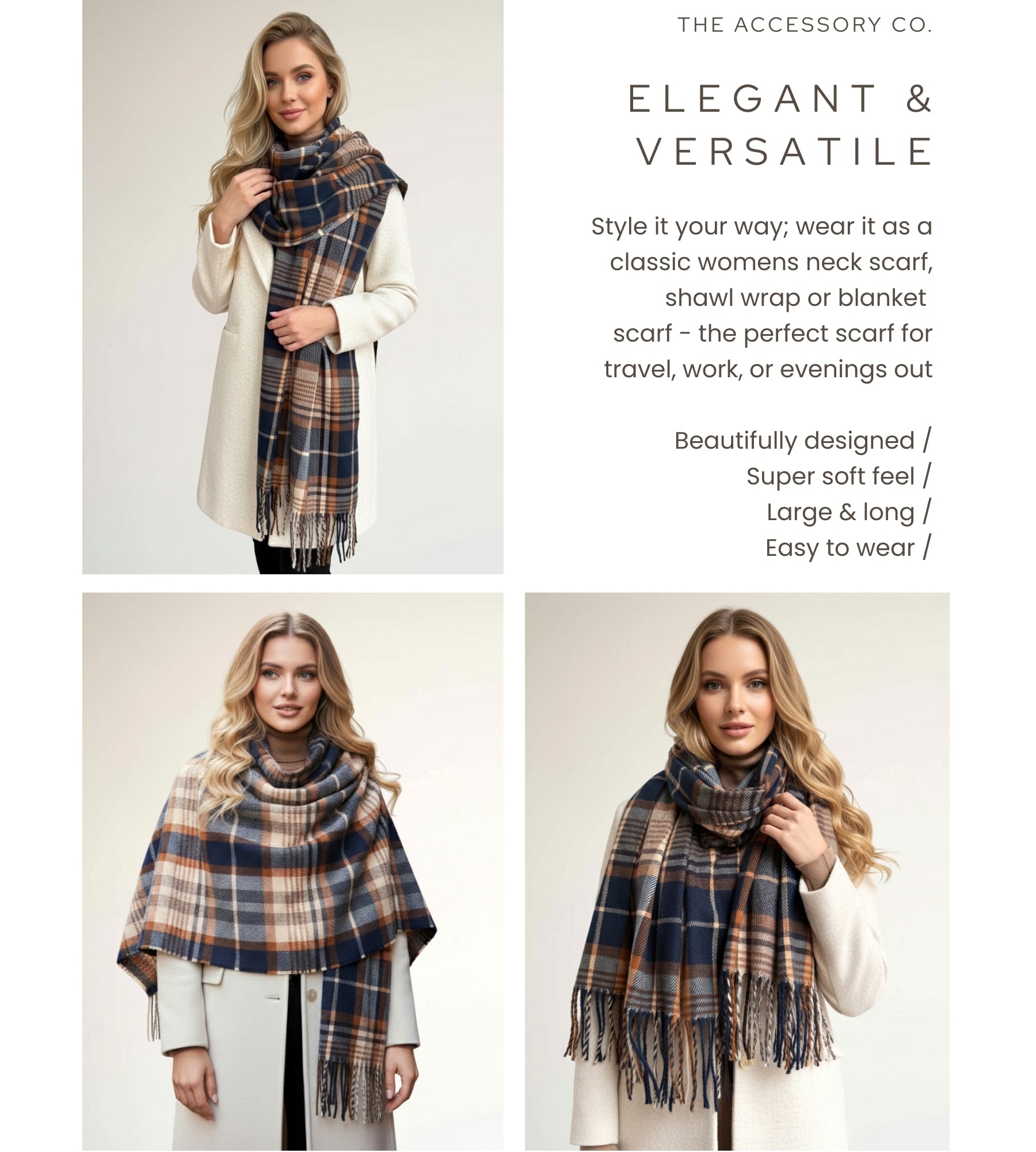 LONG NAVY BLUE WOOL BLEND CHECKED TARTAN SCARF