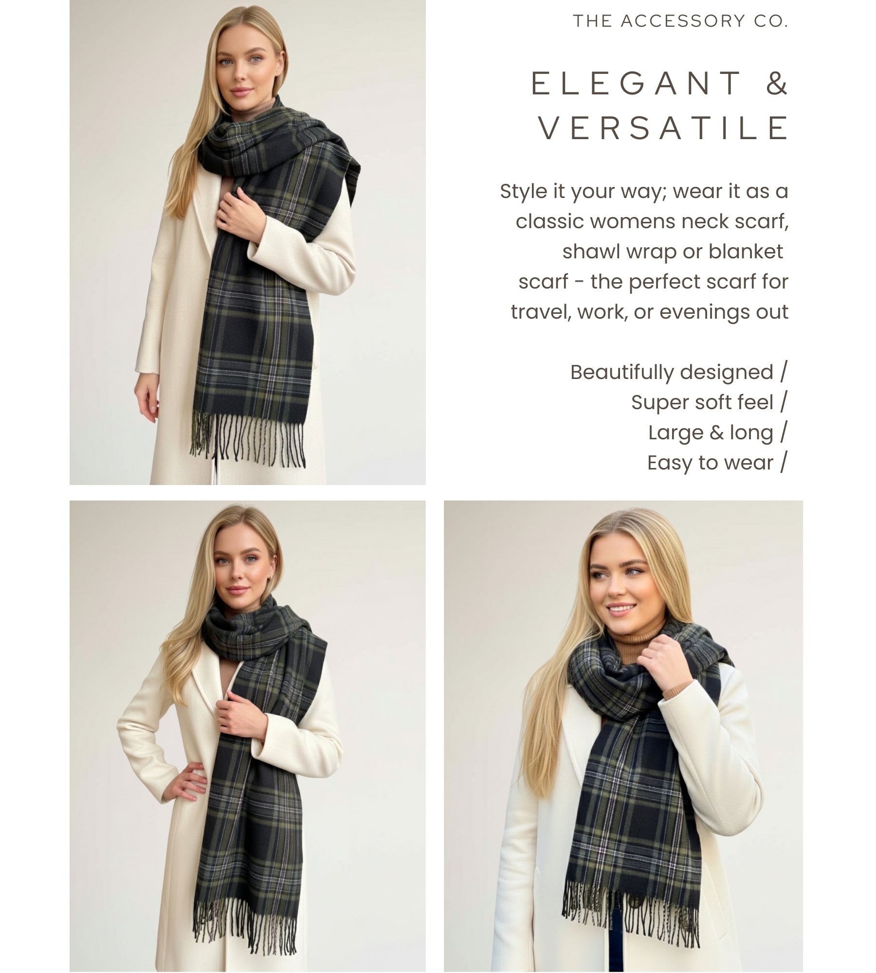 LONG BLACK WOOL BLEND CHECKED TARTAN SCARF