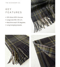 LONG BLACK WOOL BLEND CHECKED TARTAN SCARF