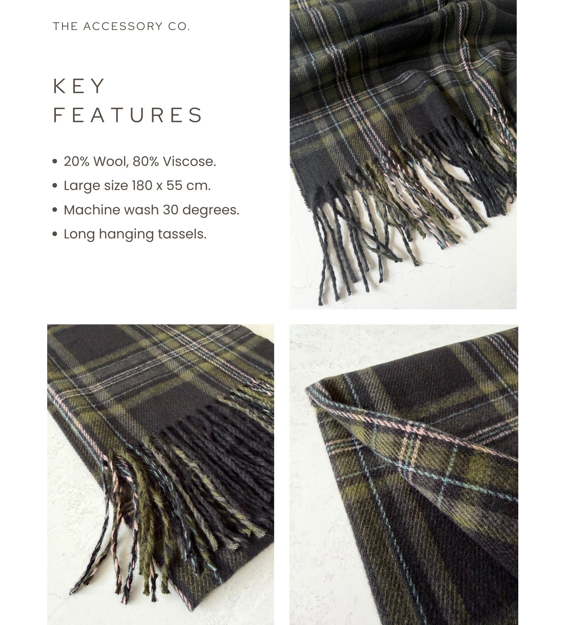 LONG BLACK WOOL BLEND CHECKED TARTAN SCARF