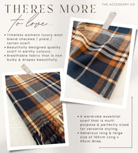 LONG NAVY BLUE WOOL BLEND CHECKED TARTAN SCARF