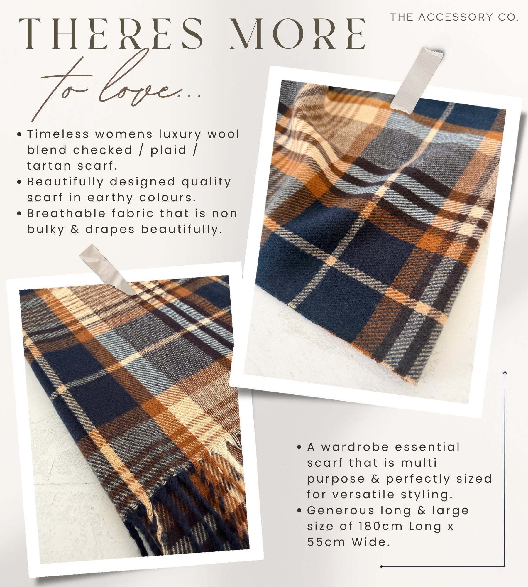 LONG NAVY BLUE WOOL BLEND CHECKED TARTAN SCARF