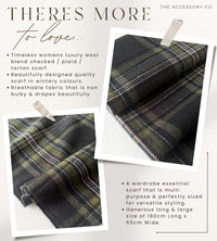 LONG BLACK WOOL BLEND CHECKED TARTAN SCARF